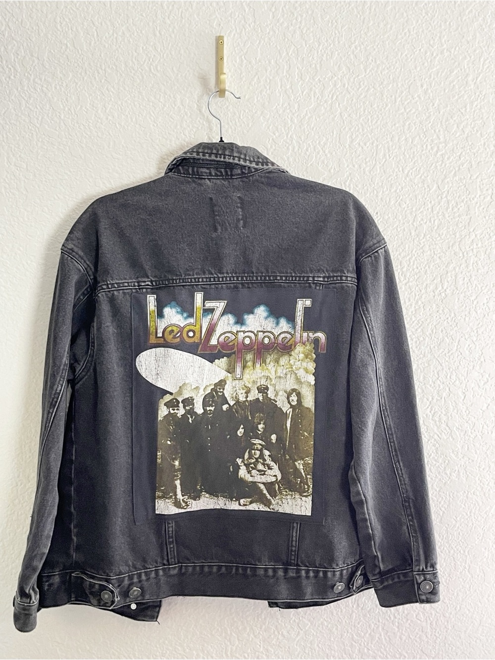 Led Zeppelin Up-Cycled Distressed Black Denim Trucker Jacket Zeppelin graphic
